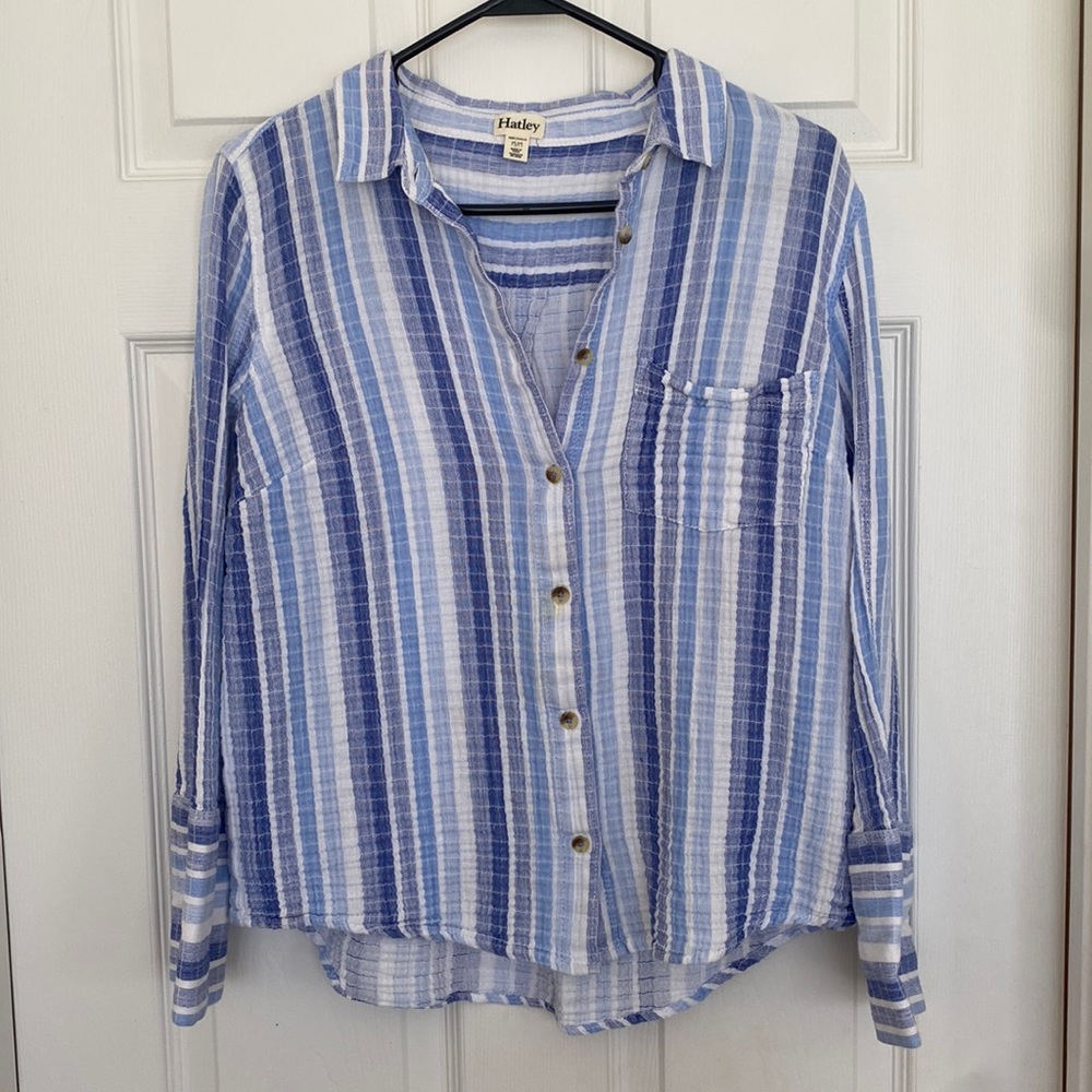 Hatley Organic Cotton Blue/White Striped Button Down Beachy Coastal Medium